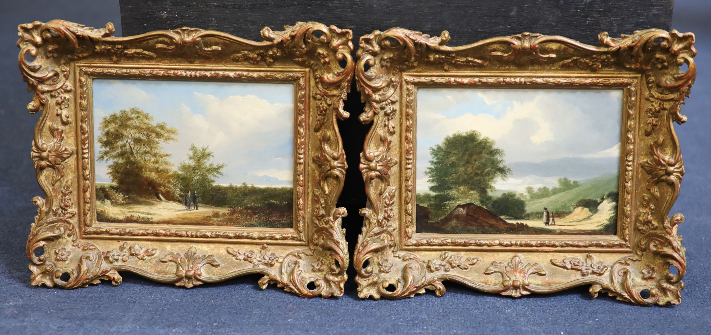 James Arthur O’Connor (Irish, 1792-1841), Travellers in landscapes, Oil on wooden panel, a pair, 14 x 19cm.